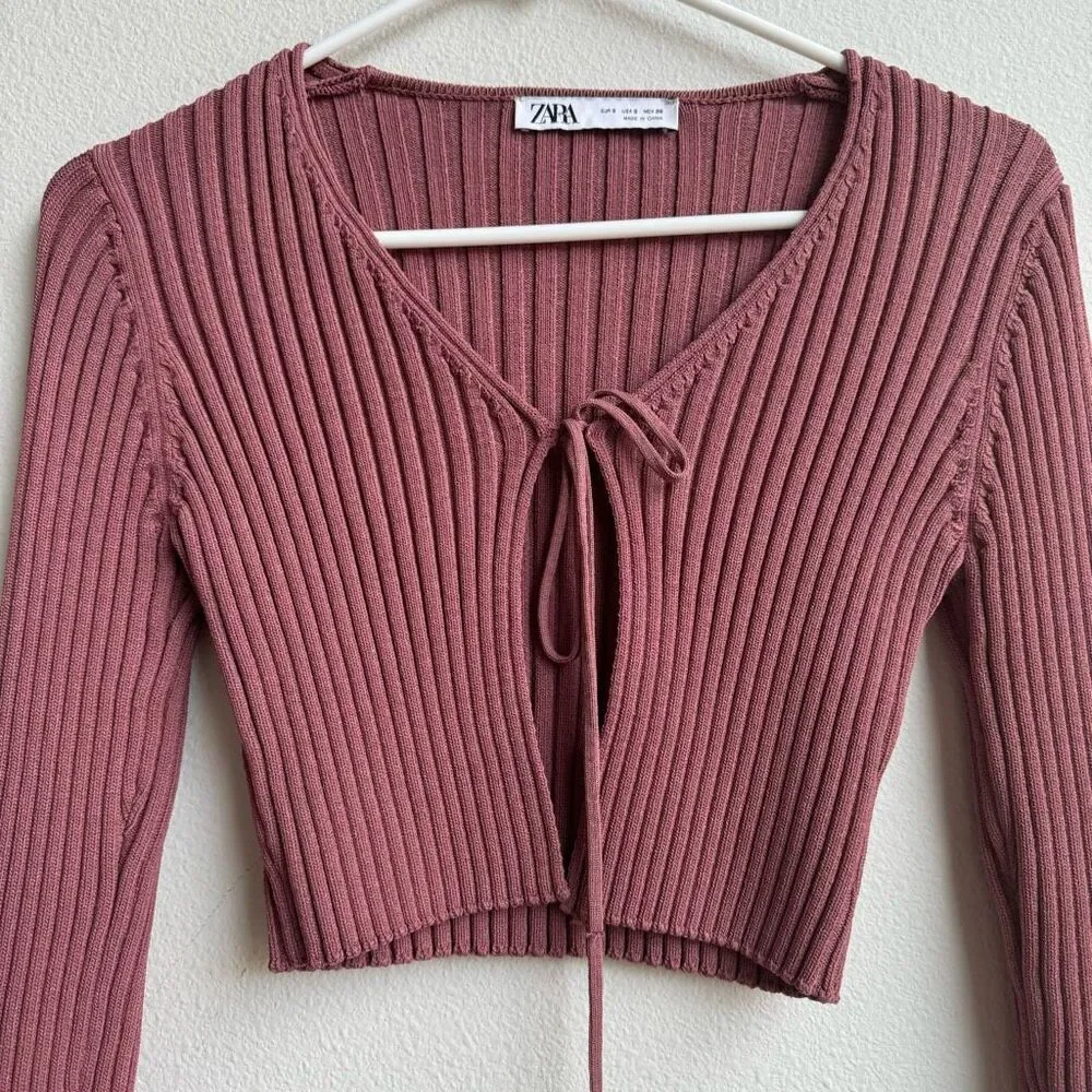 Zara Pink Ribbed Heavy Knit Tie Front Cardigan Cropped Sweater Size Small